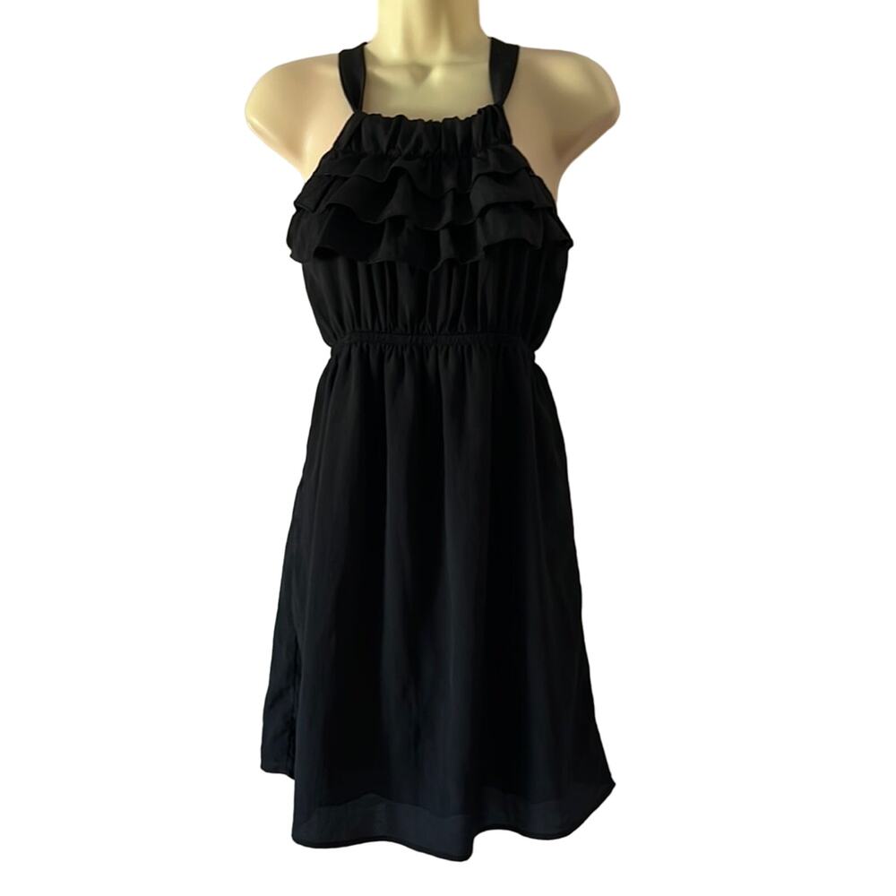 Lush Black Silky Sleeveless Dress Size Medium Ruffle Front